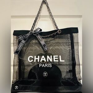 GWP Chanel Black Mesh Tote Bag with cosmetic pouch in silver hardware